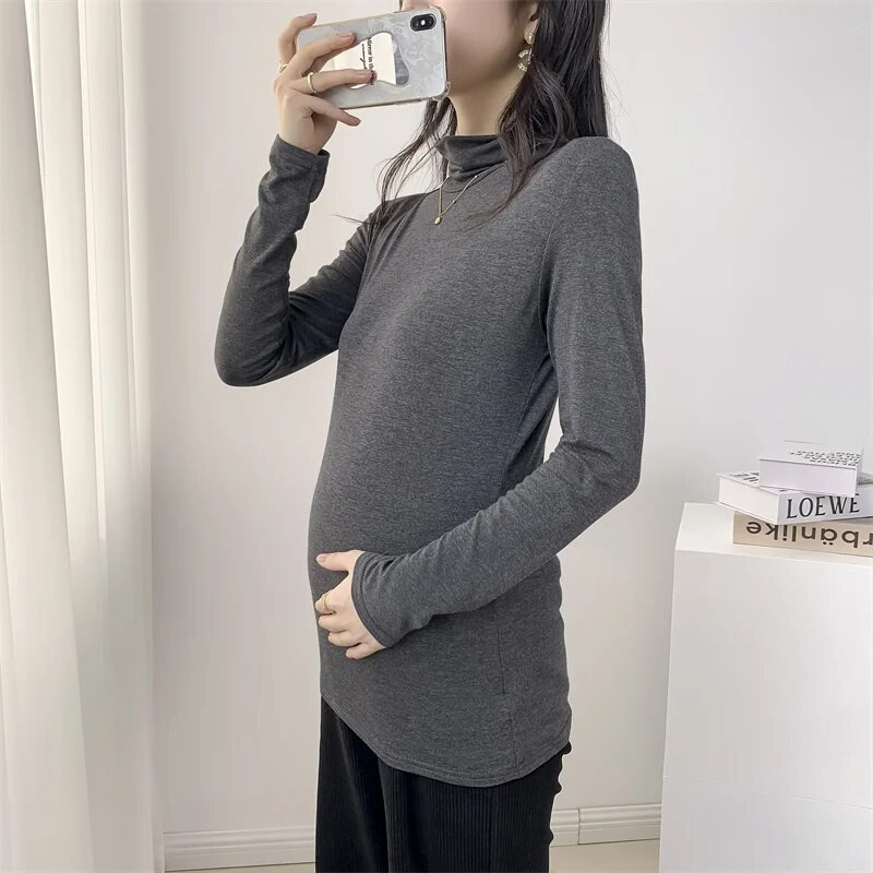 2023 m. rudens žiema Motinystės medvilniniai marškinėliai ilgomis rankovėmis, nėščia moteris, ploni, įprasti marškiniai, ištempti nėštumui skirti marškinėliai