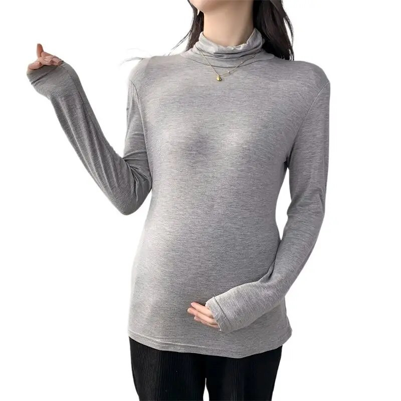 2023 m. rudens žiema Motinystės medvilniniai marškinėliai ilgomis rankovėmis, nėščia moteris, ploni, įprasti marškiniai, ištempti nėštumui skirti marškinėliai