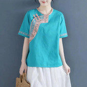 Cămașă din bumbac și in brodat de vară în stil chinezesc pentru femei însărcinate cu gât rotund, tricou retro cu mânecă scurtă, top de maternitate LF082