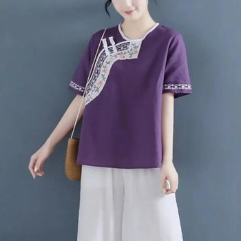 Καλοκαιρινό κινέζικο στυλ, κεντημένο βαμβακερό λινό πουκάμισο για έγκυες γυναίκες με στρογγυλή λαιμόκοψη ρετρό κοντομάνικο μπλουζάκι εγκυμοσύνης LF082