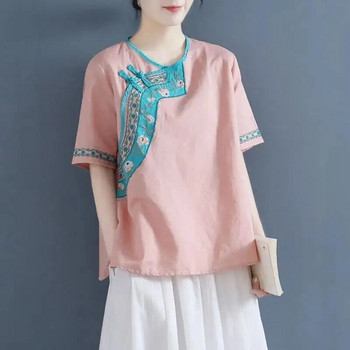 Лятна бродирана памучна ленена риза в китайски стил Ретро тениска с кръгло деколте за бременни с къс ръкав LF082