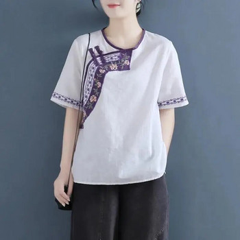 Лятна бродирана памучна ленена риза в китайски стил Ретро тениска с кръгло деколте за бременни с къс ръкав LF082