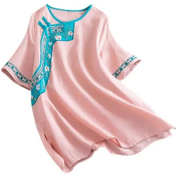 Καλοκαιρινό κινέζικο στυλ, κεντημένο βαμβακερό λινό πουκάμισο για έγκυες γυναίκες με στρογγυλή λαιμόκοψη ρετρό κοντομάνικο μπλουζάκι εγκυμοσύνης LF082