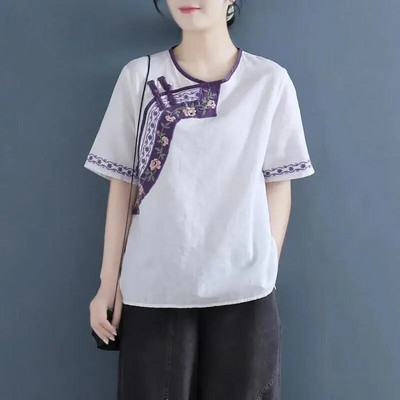 Cămașă din bumbac și in brodat de vară în stil chinezesc pentru femei însărcinate cu gât rotund, tricou retro cu mânecă scurtă, top de maternitate LF082