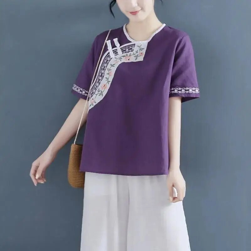 Nyári kínai stílusú hímzett pamut vászon ing terhes női kerek nyakú retro rövid ujjú póló kismama felső LF082