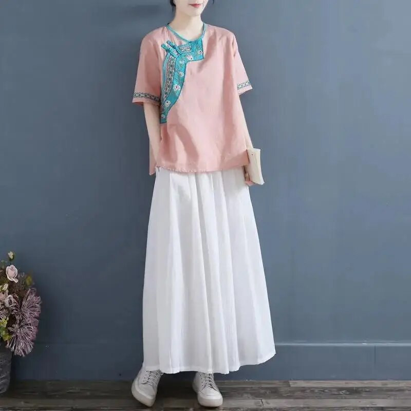 Nyári kínai stílusú hímzett pamut vászon ing terhes női kerek nyakú retro rövid ujjú póló kismama felső LF082
