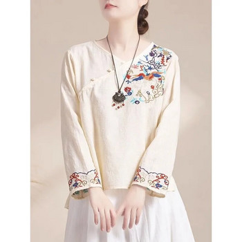 2023 Бременни жени Лятна памучна ленена риза с бродерия с дълъг ръкав Свободна ежедневна памучна горна част в китайски стил LF078