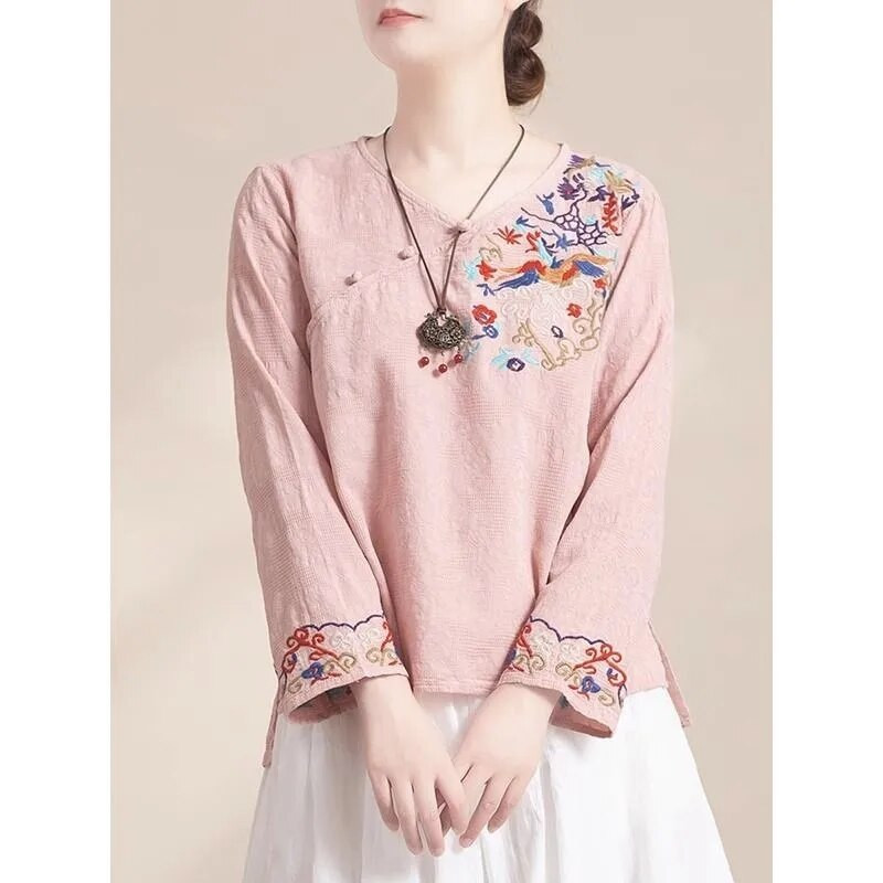 2023 m. nėščių moterų vasariniai medvilniniai lininiai siuvinėjimo marškiniai ilgomis rankovėmis Laisvi laisvalaikio kinų stiliaus medvilninė viršutinė palaidinė nėščiosioms LF078