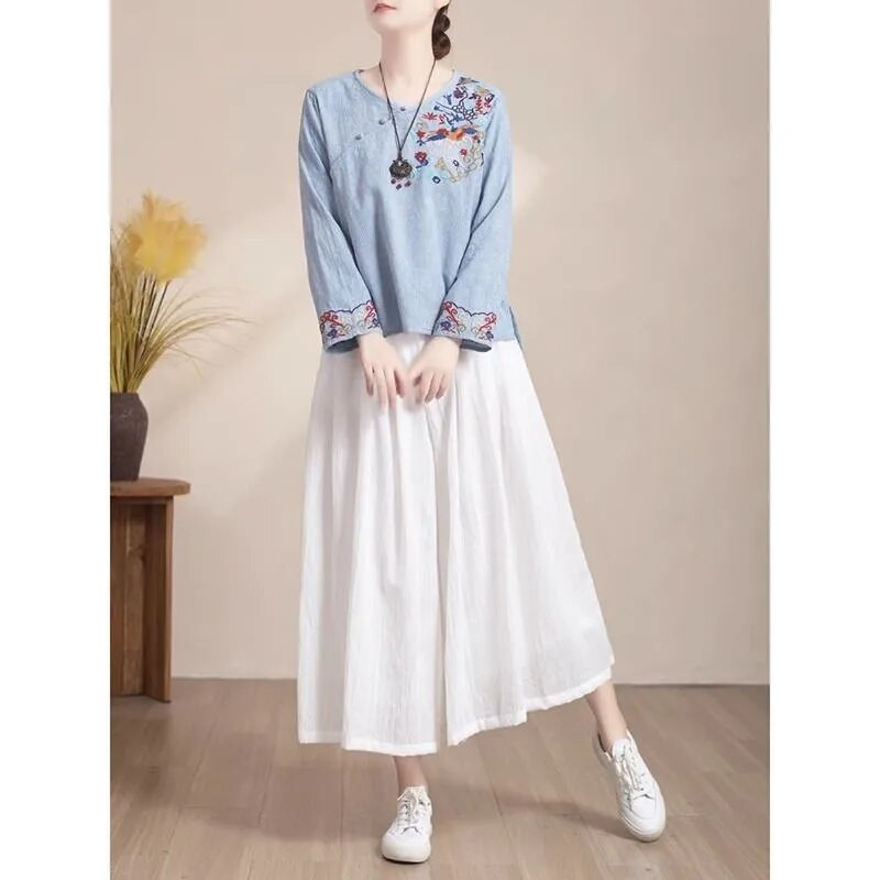 2023 m. nėščių moterų vasariniai medvilniniai lininiai siuvinėjimo marškiniai ilgomis rankovėmis Laisvi laisvalaikio kinų stiliaus medvilninė viršutinė palaidinė nėščiosioms LF078