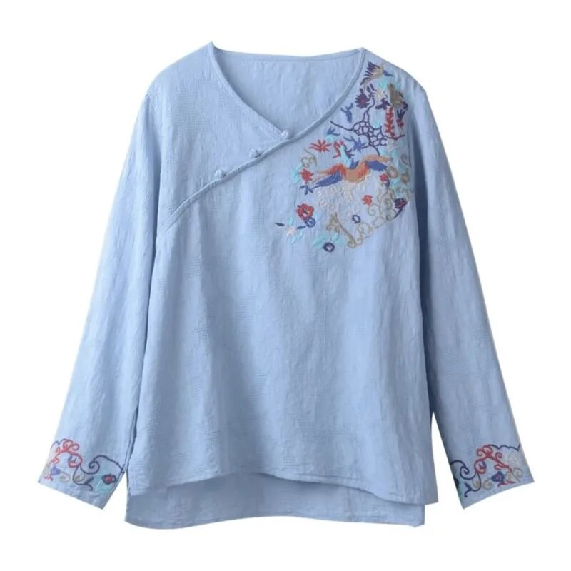2023 m. nėščių moterų vasariniai medvilniniai lininiai siuvinėjimo marškiniai ilgomis rankovėmis Laisvi laisvalaikio kinų stiliaus medvilninė viršutinė palaidinė nėščiosioms LF078