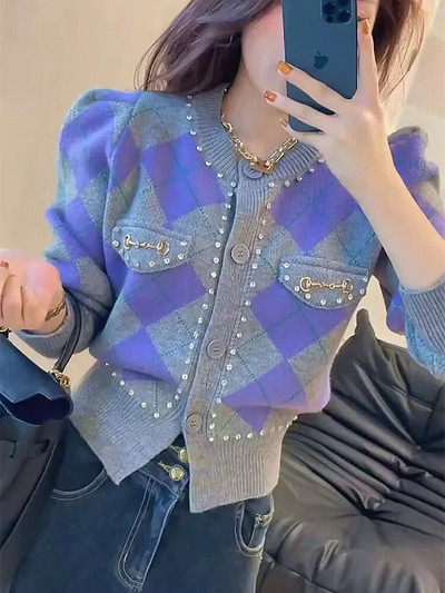 Нов лилав плетен пуловер Argyle Пролет Есен Едноредна жилетка с дълъг буф ръкав Корейски модни къси топове
