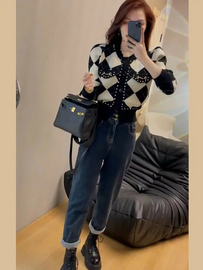 Pulover tricotat Argyle mov, primăvară, toamnă, cu mâneci bufante lungi, cardigan cu un singur piept, topuri scurte de modă coreeană