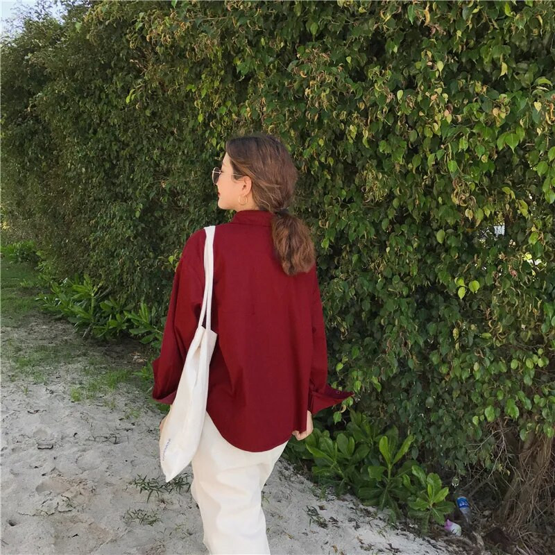 Laisvalaikio marškinėliai Moteriški laisvi, universalūs, vienspalvių saldainių spalvų palaidinės su viena krūtine Prašmatnios apykaklės ilgomis rankovėmis palaidinės studentams