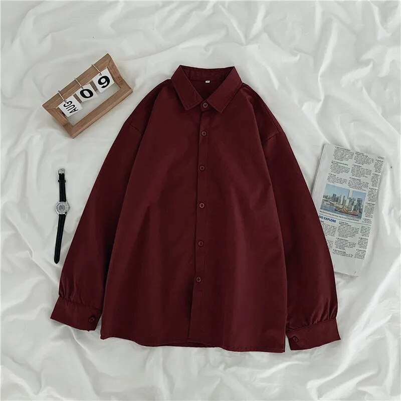 Laisvalaikio marškinėliai Moteriški laisvi, universalūs, vienspalvių saldainių spalvų palaidinės su viena krūtine Prašmatnios apykaklės ilgomis rankovėmis palaidinės studentams