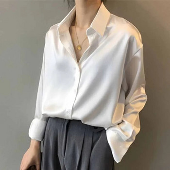 Μεταξωτό Κορεάτικο Γυναικείο Κομψό Γυναικείο Πουκάμισο Μπλούζα με κουμπιά επάνω Σατέν πουκάμισο Vintage Λευκό μακρυμάνικο πουκάμισο τοπ 11355