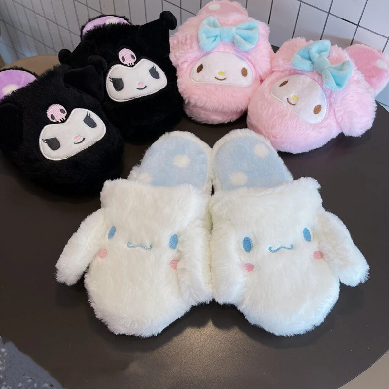 Kuromi My Melody Sanrio Cartoon pliušinės šlepetės grindinės šlepetės šiltos žiemos vidaus šlepetės plokščios laisvalaikio neslystančios mergaitės namų batai