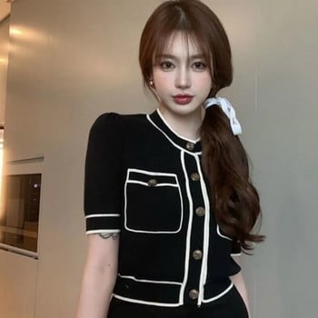 Дамска жилетка с къс ръкав, изрязана пролетна облицовка, тънък дизайн, нежна дамска ежедневна ежедневна кардиган в корейски стил