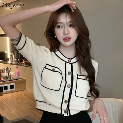 Дамска жилетка с къс ръкав, изрязана пролетна облицовка, тънък дизайн, нежна дамска ежедневна ежедневна кардиган в корейски стил