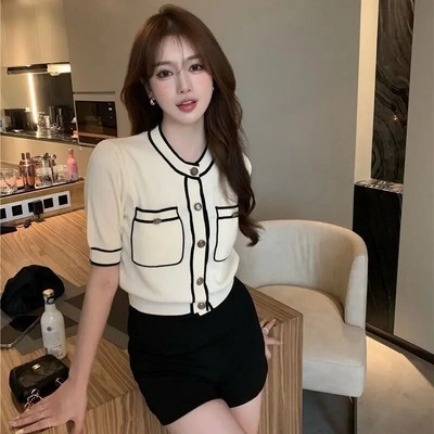 Cardigan Femei Cu mânecă scurtă Decupat primăvară Panouri Slim Fit Design Tender Femei Casual Stil coreean Zilnic Кардиган Женский