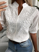 Bluză din dantelă cu broderie florală de vară pentru femei, cu guler decoltat, cu decolteu în V, cămașă casual elegantă cu mânecă scurtă, topuri din bumbac 24350