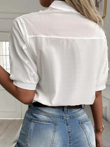Лятна дантелена блуза с флорални бродерии Дамска ежедневна риза с изпъкнала яка и V-образно деколте Елегантни памучни топове с къс ръкав 24350