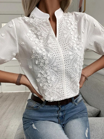 Bluză din dantelă cu broderie florală de vară pentru femei, cu guler decoltat, cu decolteu în V, cămașă casual elegantă cu mânecă scurtă, topuri din bumbac 24350