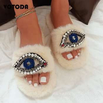 Дамски обувки Зимни кожени кожени пързалки за жени Кръстосани плоски кристали с очи Чехли Пухкави плюшени пързалки от изкуствена кожа Zapatos De Mujer