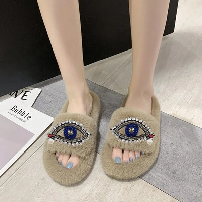 Pantofi pentru femei, papuci de iarnă cu blană de blană pentru femei, papuci cu ochi cu strasuri, pufosi, cu blană artificială, papuci de pluș, Zapatos De Mujer