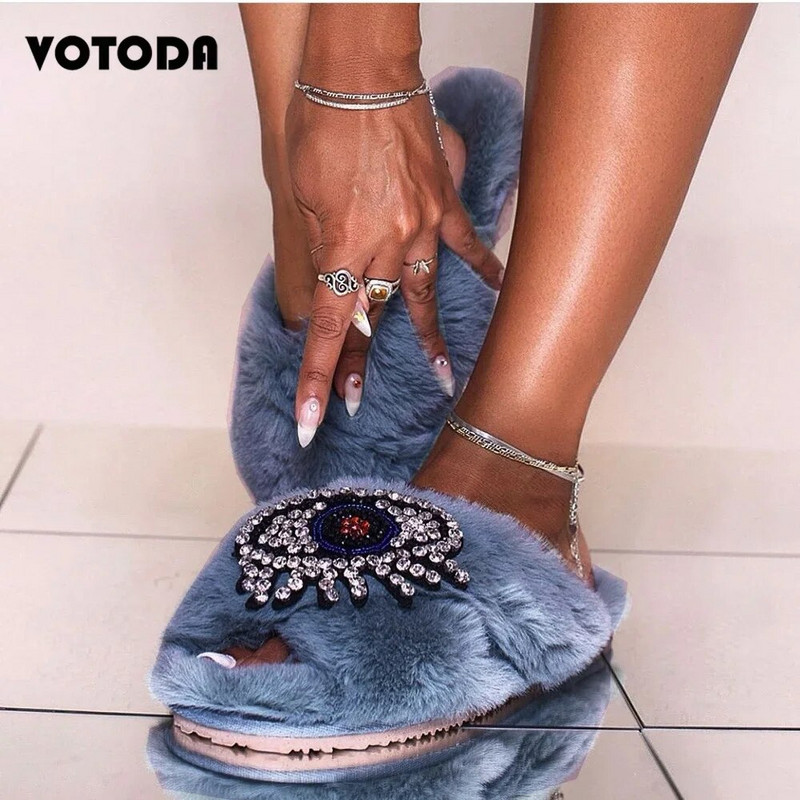 Pantofi pentru femei, papuci de iarnă cu blană de blană pentru femei, papuci cu ochi cu strasuri, pufosi, cu blană artificială, papuci de pluș, Zapatos De Mujer