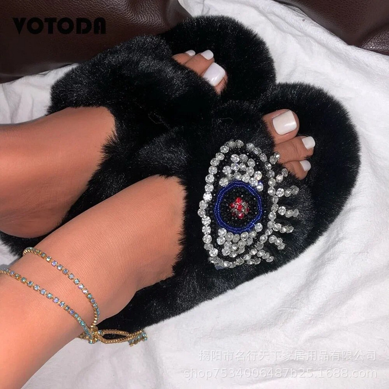 Pantofi pentru femei, papuci de iarnă cu blană de blană pentru femei, papuci cu ochi cu strasuri, pufosi, cu blană artificială, papuci de pluș, Zapatos De Mujer