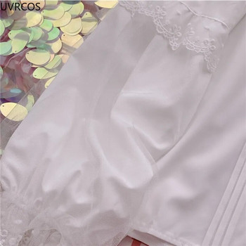 Риза Лолита Бели елегантни дамски блузи в преппи стил Сладка Питър Пан яка Дантелени волани Ризи JK Момичета с дълъг ръкав Blusas Mujer