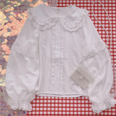 Lolita košulja Bijele, elegantne ženske bluze u elegantnom stilu Slatke Peter Pan kragne Čipkane volane JK košulje za djevojke Blusas Mujer