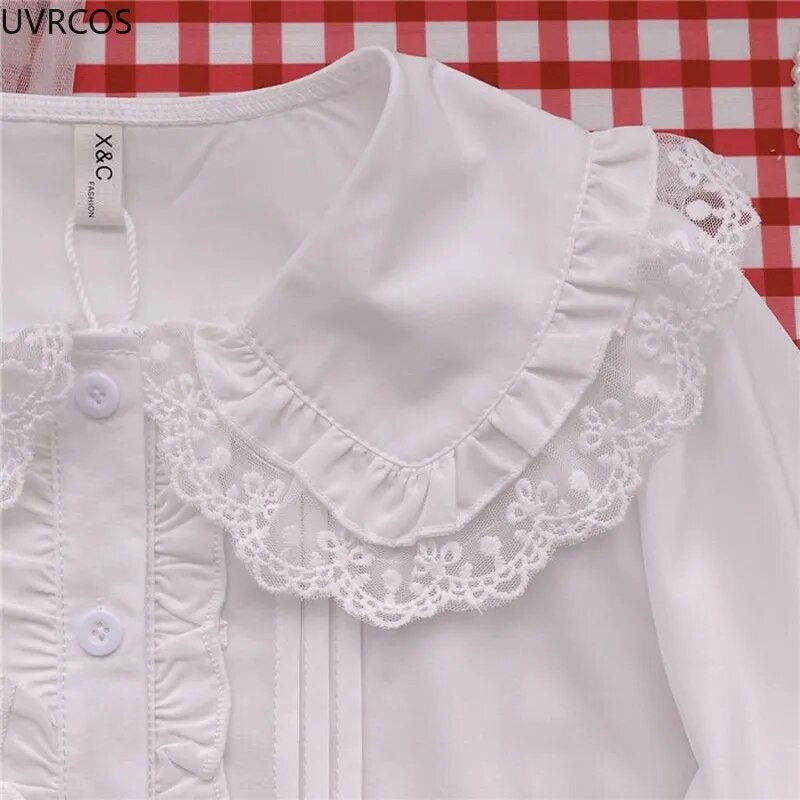 Lolita košulja Bijele, elegantne ženske bluze u elegantnom stilu Slatke Peter Pan kragne Čipkane volane JK košulje za djevojke Blusas Mujer