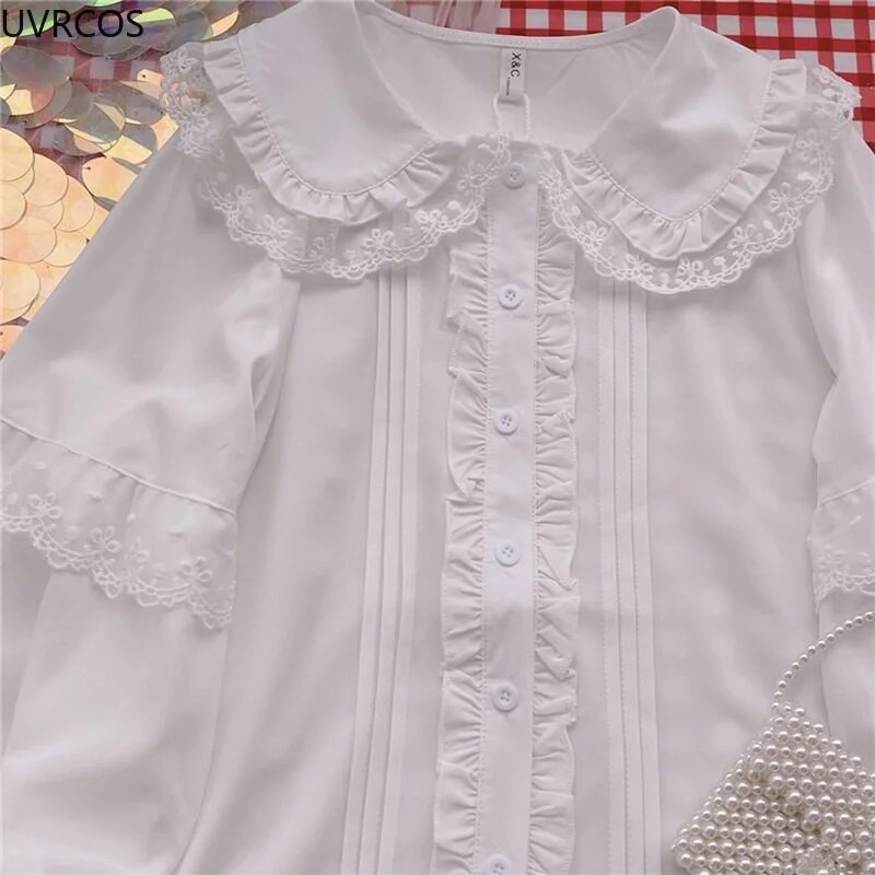 Lolita košulja Bijele, elegantne ženske bluze u elegantnom stilu Slatke Peter Pan kragne Čipkane volane JK košulje za djevojke Blusas Mujer