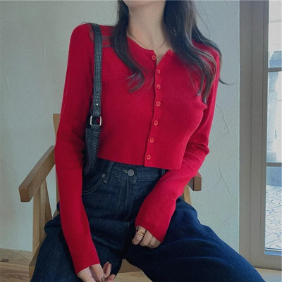 Tricou casual cu mânecă lungă Cardigan decupat Toamna Cardigan subțire pentru femei tricotat Sexy Tricou pentru femei de culoare solidă Crop la modă
