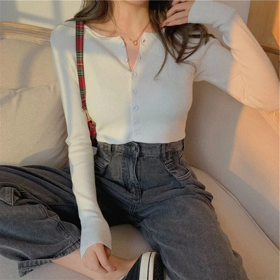 Tricou casual cu mânecă lungă Cardigan decupat Toamna Cardigan subțire pentru femei tricotat Sexy Tricou pentru femei de culoare solidă Crop la modă