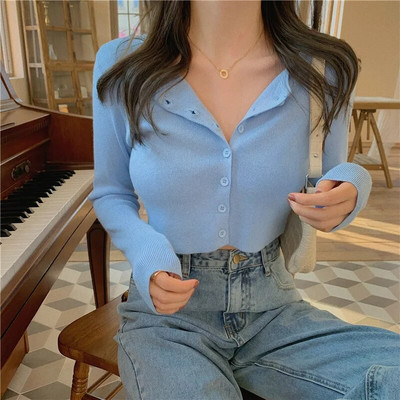 Tricou casual cu mânecă lungă Cardigan decupat Toamna Cardigan subțire pentru femei tricotat Sexy Tricou pentru femei de culoare solidă Crop la modă