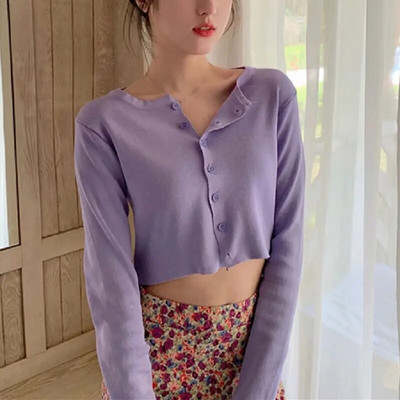 Tricou casual cu mânecă lungă Cardigan decupat Toamna Cardigan subțire pentru femei tricotat Sexy Tricou pentru femei de culoare solidă Crop la modă