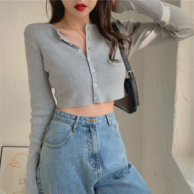 Tricou casual cu mânecă lungă Cardigan decupat Toamna Cardigan subțire pentru femei tricotat Sexy Tricou pentru femei de culoare solidă Crop la modă