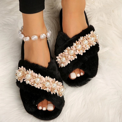 Keresztpántos Pearl Decor bolyhos papucs női 2023 új lapos sarkú meleg szőrpapucs női csúszásgátló beltéri kültéri téli csúszdák