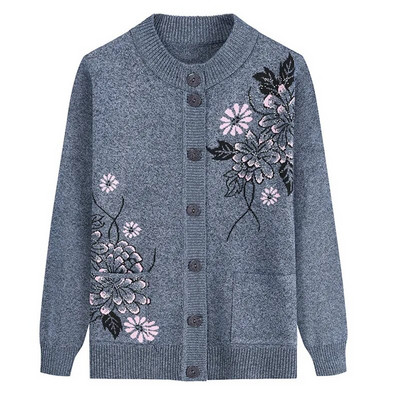 New Print Middle-Aged Elderly Mother`s Spring Autumn Long-Sleeve Sweater Women Knitted Bottoming Shirt Grandma Cardigan Mujer