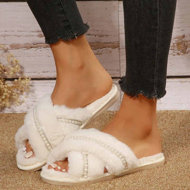 Női plüss papucs meleg bolyhos papucs kényelmes műszőrme kereszt beltéri padlópapucs lapos puha szőrme cipő női női