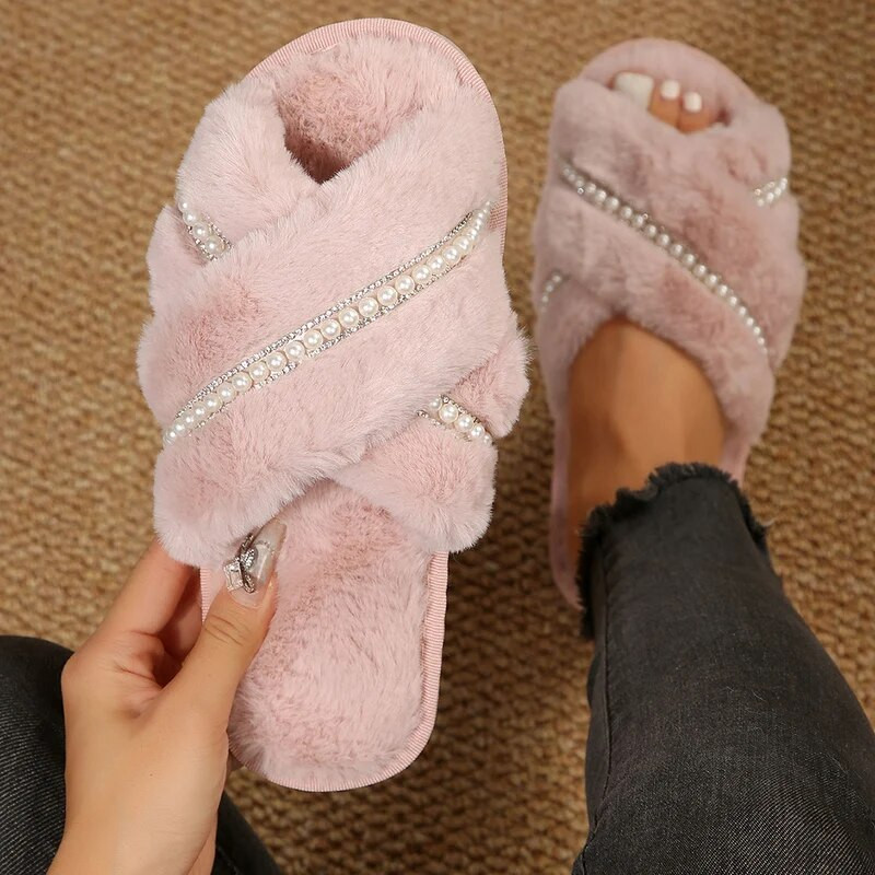 Női plüss papucs meleg bolyhos papucs kényelmes műszőrme kereszt beltéri padlópapucs lapos puha szőrme cipő női női