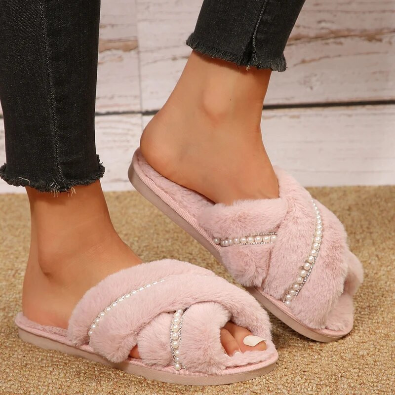 Női plüss papucs meleg bolyhos papucs kényelmes műszőrme kereszt beltéri padlópapucs lapos puha szőrme cipő női női