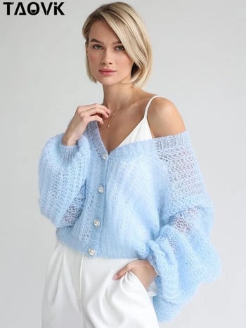 TAOVK Дамски горнища, плетени на една кука, плетени пуловери, леки, прозрачни, тънък, прозрачен пуловер, широка жилетка