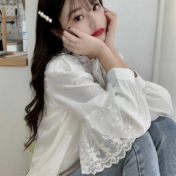 Модни корейски блузи с дантелени волани Дамски есенни сладки широки щандове за дрехи Collat Дамски топове Ретро дантелени ризи Дамски 11335