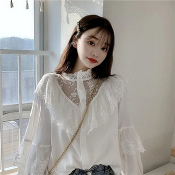 Модни корейски блузи с дантелени волани Дамски есенни сладки широки щандове за дрехи Collat Дамски топове Ретро дантелени ризи Дамски 11335
