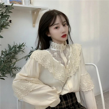 Μόδα Κορεατικά κορεάτικα δαντέλα με βολάν μπλούζες Γυναικείες φθινοπωρινές γλυκές φαρδιά φόρμες ρούχων Collat γυναικείες μπλούζες Vintage δαντέλα πουκάμισα Γυναικεία 11335