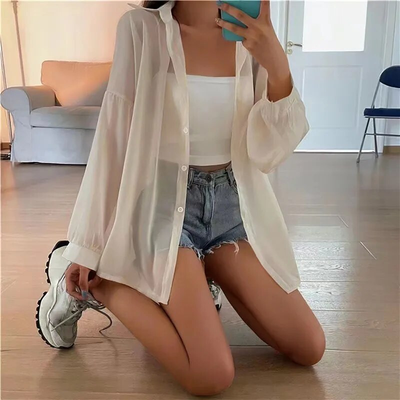 Vasariniai ploni marškiniai Moteriški palaidi šifono ilgomis rankovėmis viršutiniai marškinėliai, apsaugantys nuo saulės