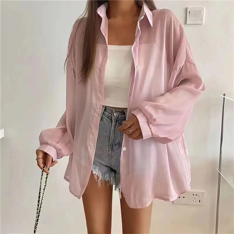 Vasariniai ploni marškiniai Moteriški palaidi šifono ilgomis rankovėmis viršutiniai marškinėliai, apsaugantys nuo saulės
